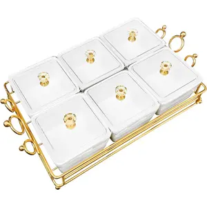 Ceramic Bowls and with Lid  Basket Trays, 6 Removable Small Bowls Condiment Trays Nut Serving Set for Snacks, Fruits, Candy and Condiments - for Parties, Holiday Gifts, White