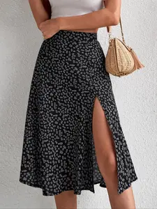 Women's Ditsy Floral Print Split Thigh A Line Skirt, Casual High Waist Midi Skirt For Beach Holiday Vacation, Ladies Bottoms For All Seasons
