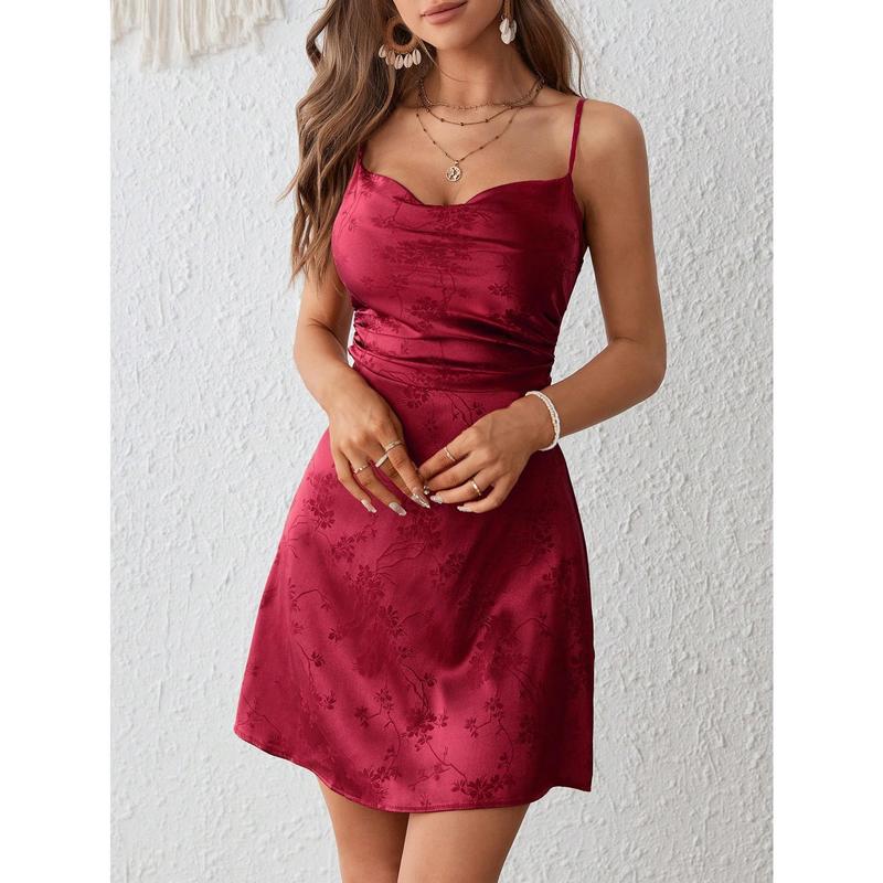 SHEIN VCAY Jacquard Draped Collar Satin Cami Dress