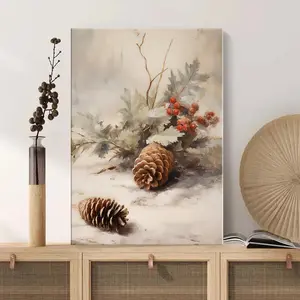 Framed Vintage Christmas Pinecone Print, Christmas Winter Snowy Forest Wall Decor