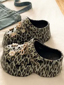 2026 New Retro Leopard Print Holey Shoes for Women, Eva Thick Sole Heel Boost, Comfortable Beach Sandal, Casual Garden Shoe