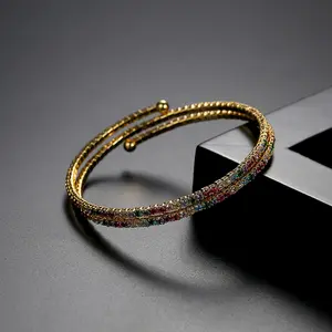 Elastic Copper 14K Gold Plated Open Bracelet Women's Exquisite Colorful Zircon Wrapped Bnagle Bracelet Fashion Party Jewelry Christmas Gift
