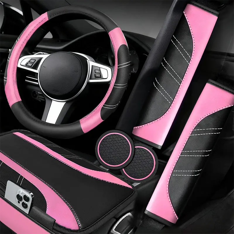6Counts Car Interior Accessories Set, Automotive Decorative Accessories, PU Leather Steering Wheel Cover (14.5-15 inch), Microfiber PU Leather Car Console Cover, Seatbelt Pads, Cup Holder Pads, All Seasons