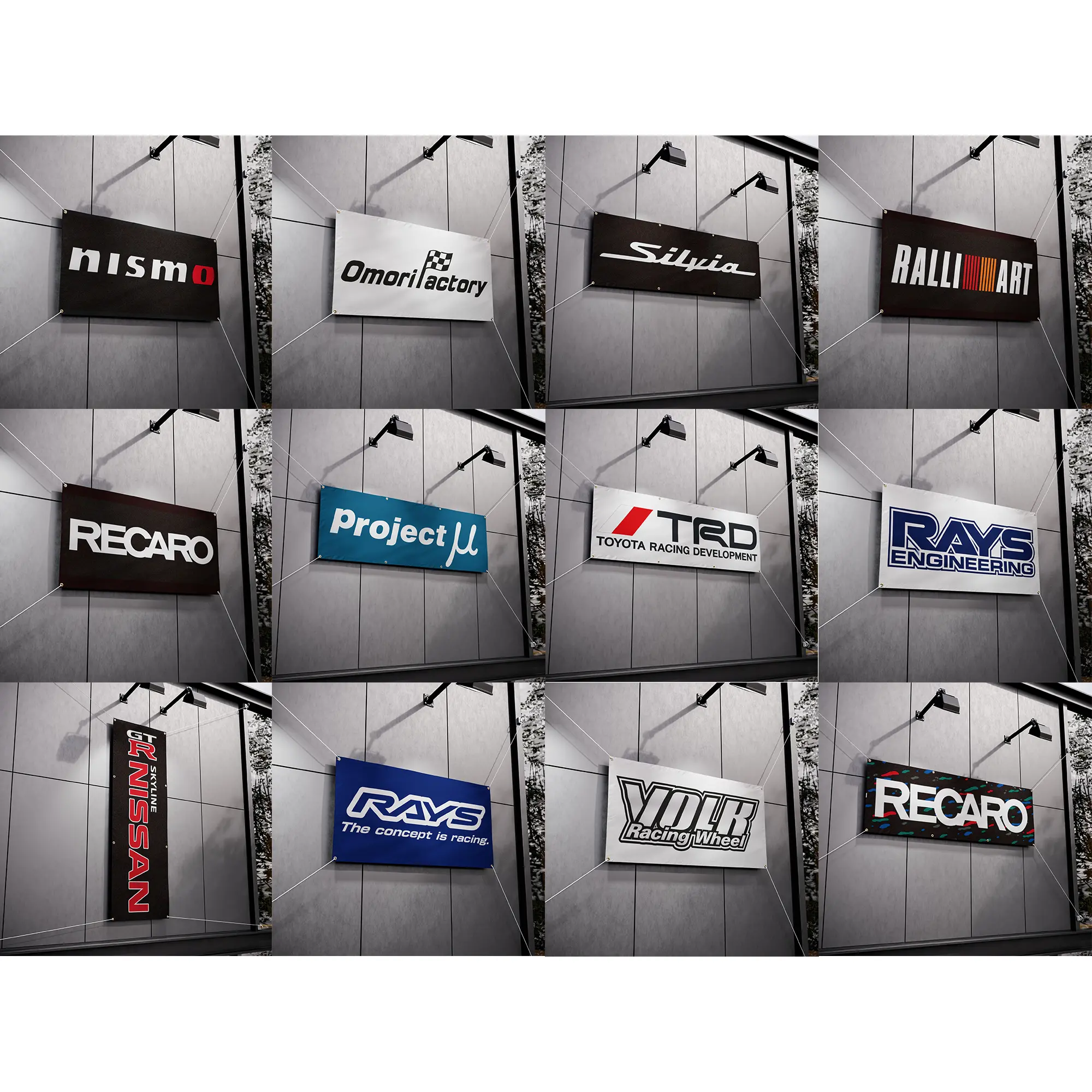 Nismo Omori Factory Silvia Ralliart Recaro Project Mu TRD Rays Engineering GT-R Nissan Racing Banner, JDM Car Garage Wall Flag, Japanese Tuner Automotive Decor, Motorsport Workshop Sign, Gift for Car Enthusiasts