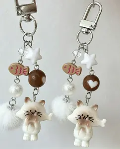 2 pieces Cute Cat Eating Fish Keychain, Korean Style Beaded Phone Strap Backpack Car Charm,  Goth Gift for Graduation Teacher Family