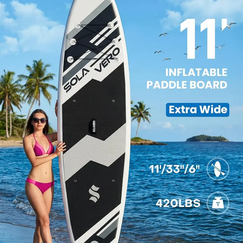 HLFURNITURE 11’ x 33” Multi Purpose Inflatable Stand Up Paddleboard for Adults, High-Density PVC Wide SUP, Non-Slip EVA Deck, Adjustable Aluminum Outdoor Paddle, Waterproof Phone Pouch, Leash & Repair Kit, 420LBS Capacity for All Skill Levels, River Use