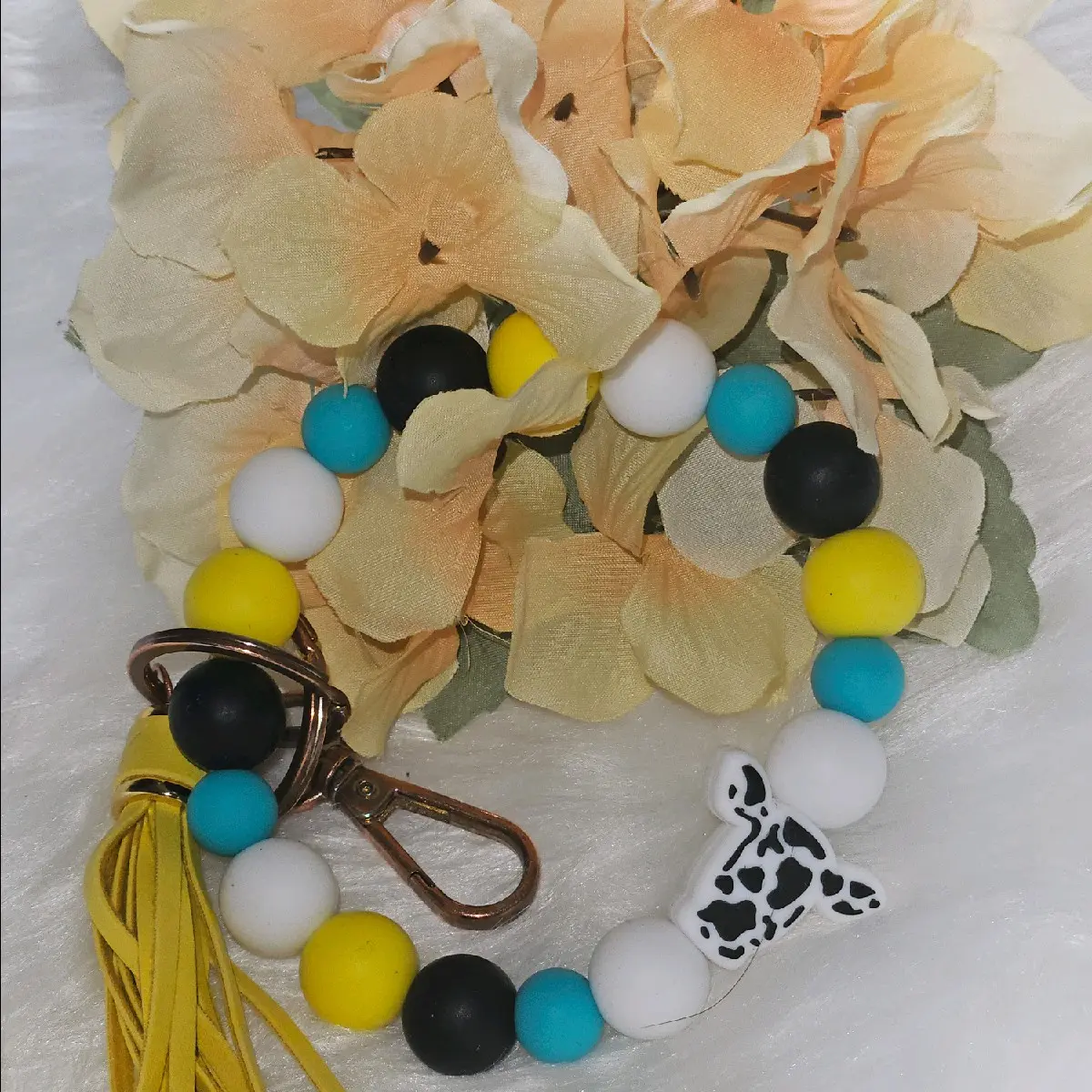 Teal Cow-Print Wristlet Keychain