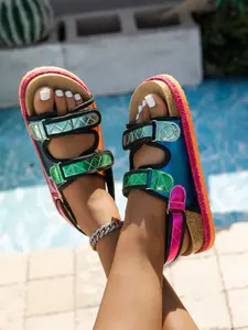 Women's Plus Size Thick Sole Sandals, Colorful Cross Strap Velcro Beach Shoes, Outdoor Wear, Comfortable and Stylish Footwear