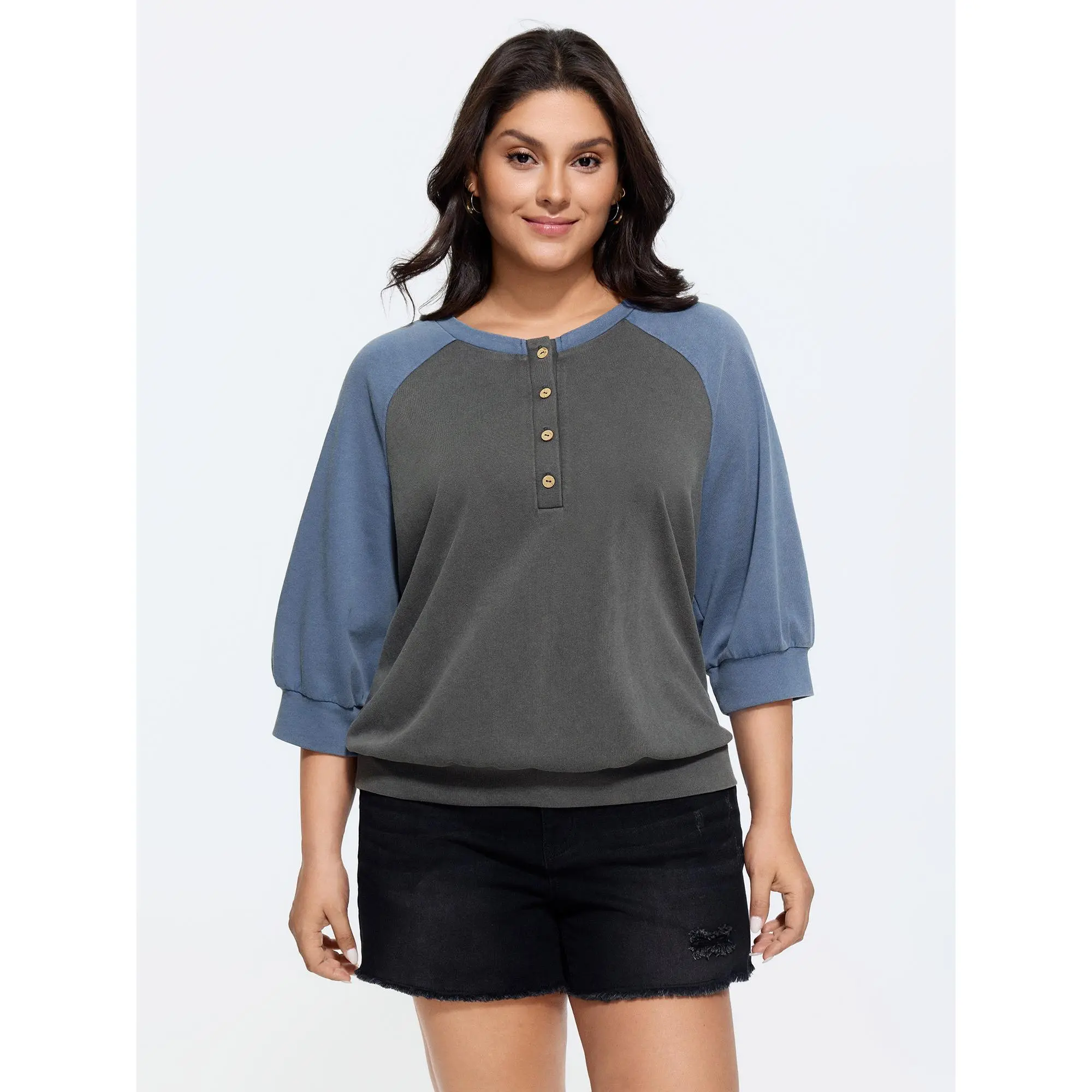 BLOOMCHIC Plus Size Stretchy Color Contrast Crew Neck Sweatshirt[M-6X] Back To School,Spotlight Day