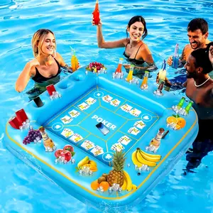 Extra large floating table for pool game with waterproof playing cards 55 x 55 inch inflatable food drink holder cooler pool accessories hot tub tray for outdoor summer beach party light blue