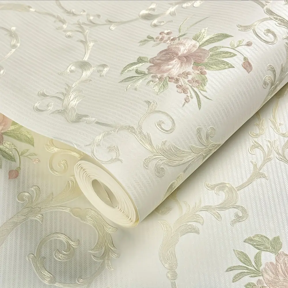 European Floral Decorative Wallpaper Roll for Interior Wall, Self-Adhesive Removable Fabric, 3D Embossed Satin Flowers, Luxury Decor for Bedroom Living Room