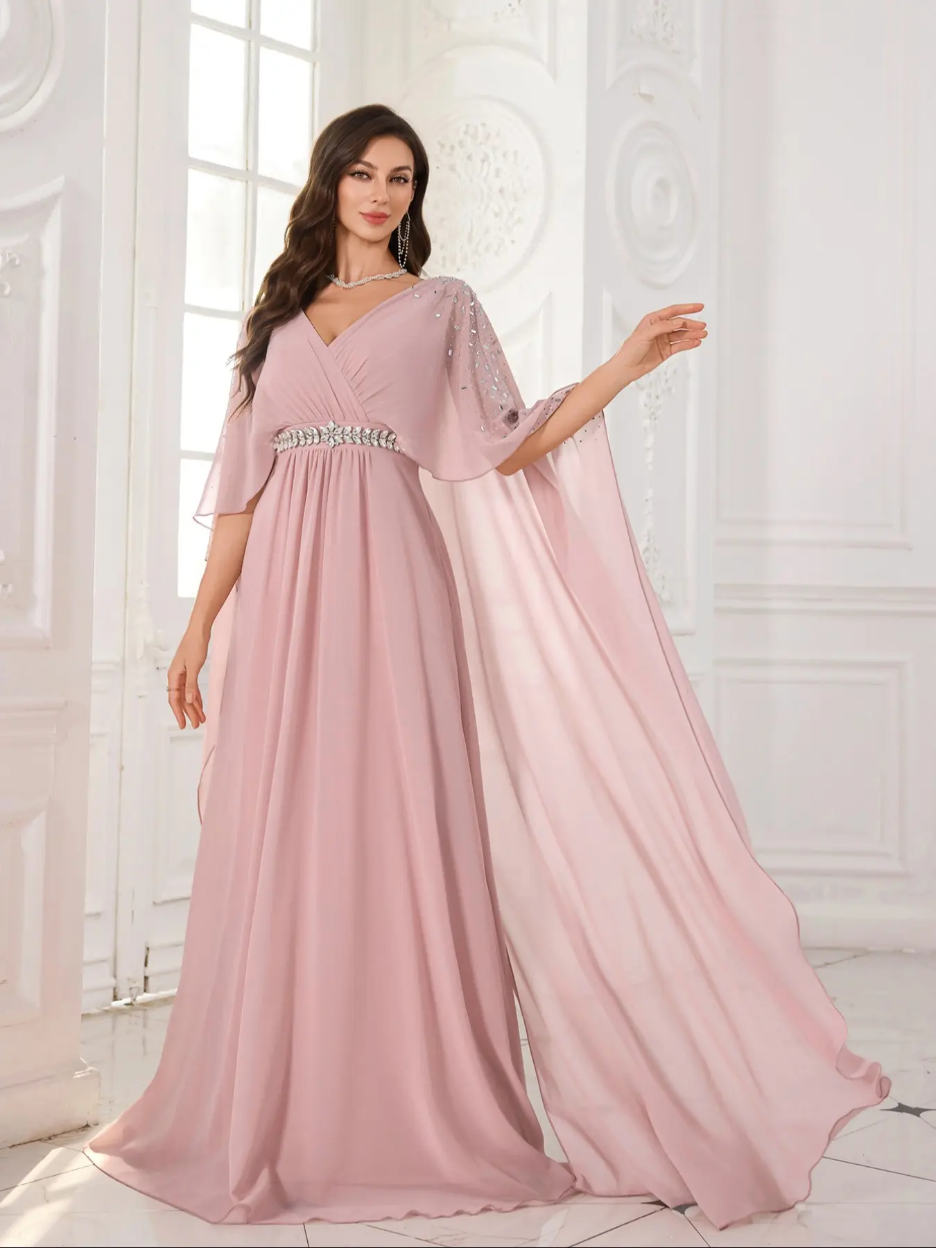 Elegant V Neck Rhinestone Batwing Sleeve Soft Chiffon Fabric Formal Maxi Dress, Fitted Ruched Waist Diamond Strip Design, Womenswear Perfect Bridesmaid Evening Gown - TikTok Shop Elegant V Neck Rhinestone Batwing Sleeve Soft Chiffon Fabric Formal Maxi Dress, Fitted Ruched Waist Diamond Strip Design, Womenswear Perfect Bridesmaid Evening Gown - TikTok Shop
