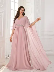Elegant V Neck Rhinestone Batwing Sleeve Chiffon Formal Maxi Dress, Fitted Ruched Waist Diamond Strip Design, Womenswear Perfect Bridesmaid Evening Gown