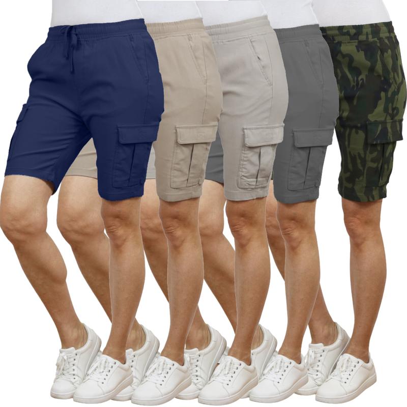 3-Pack Women’s Flex Cargo Shorts with Elastic Waistband and Drawstring – Comfortable Fit with 6 Pockets and Stretch Fabric (S-2XL)