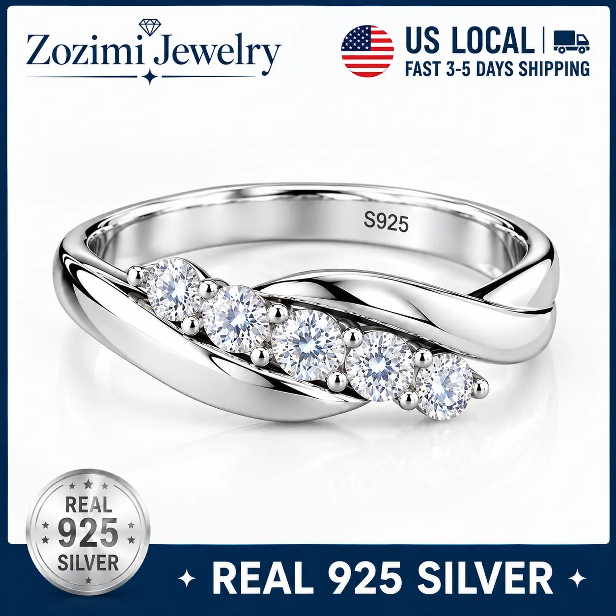 925 Sterling Silver Twisted 5 Stone Round CZ Ring for Women, Prong Set Sparkling 5A Cubic Zirconia Stackable Wedding Band, Polished S925 Silver Curved Promise Ring, Elegant Fine Jewelry Gift for Engagement Anniversary