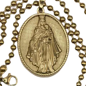 Summer Necklace Virgin of Carmen in Stainless Steel with Gold Finish and Beaded Chain Design