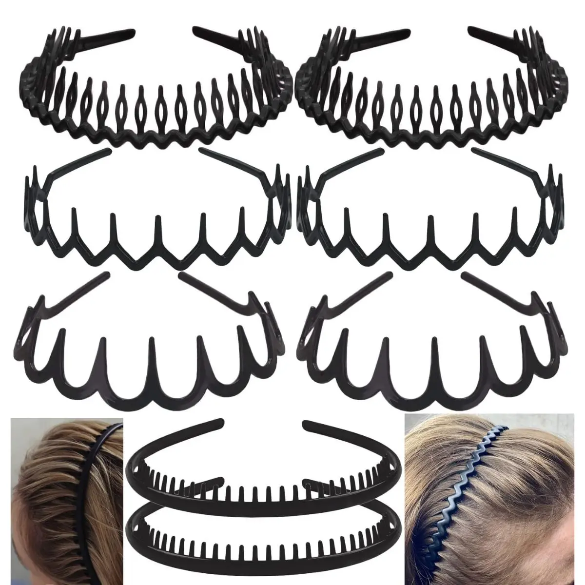 8PCS Matte Black No Slip Headbands with Teeth – Skinny Plastic Comb Hair Bands for Women Men Teens