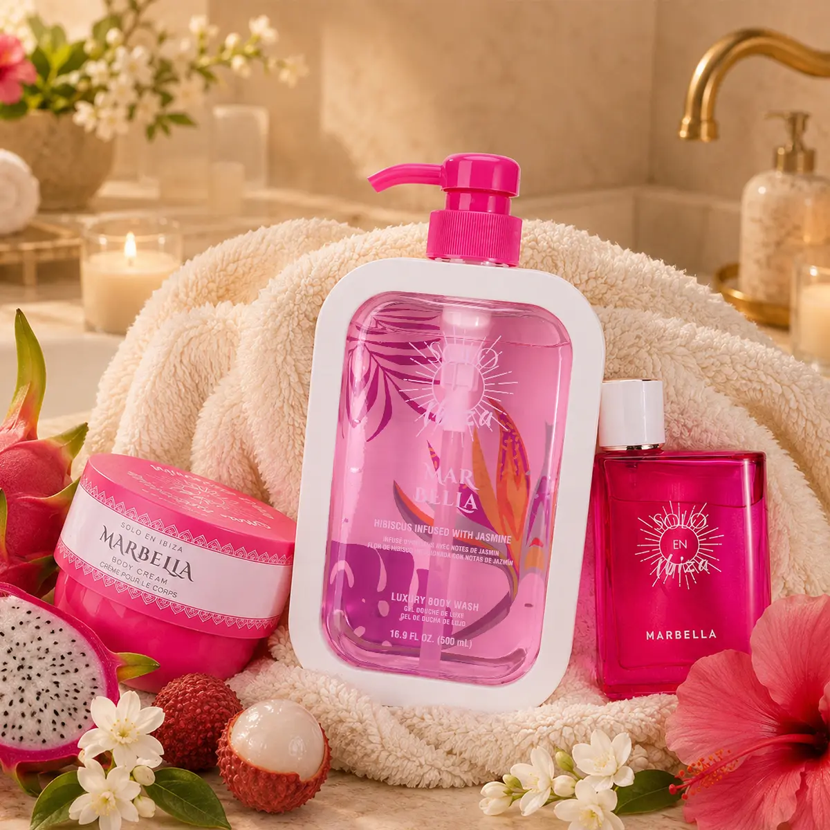 SOLO EN IBIZA Mar Bella Deep Hydration 3-Piece Set for Dry Skin, 8 fl oz (236g) Body Cream + 3.4 fl oz (100ml) Eau de Parfum + 16.9 fl oz (500ml) Body Wash, Long-Lasting Pitaya, Lychee & Jasmine Scent