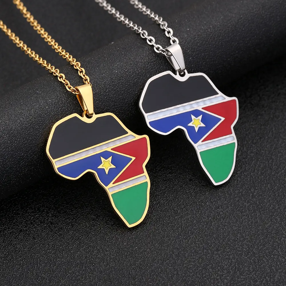 South Sudan Flag Heart Shaped Necklace for Women, Ethnic-Style Copper Jewelry with Zircon Pendant, Light Sweater Chain Gift, Gift Necklace