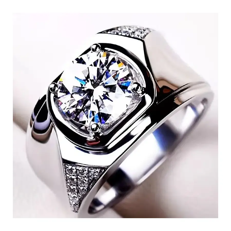 New Imported Moissanite Ring Men's Platinum 1 Carat Diamond Ring Personality Atmosphere Business Wide Men's Ring