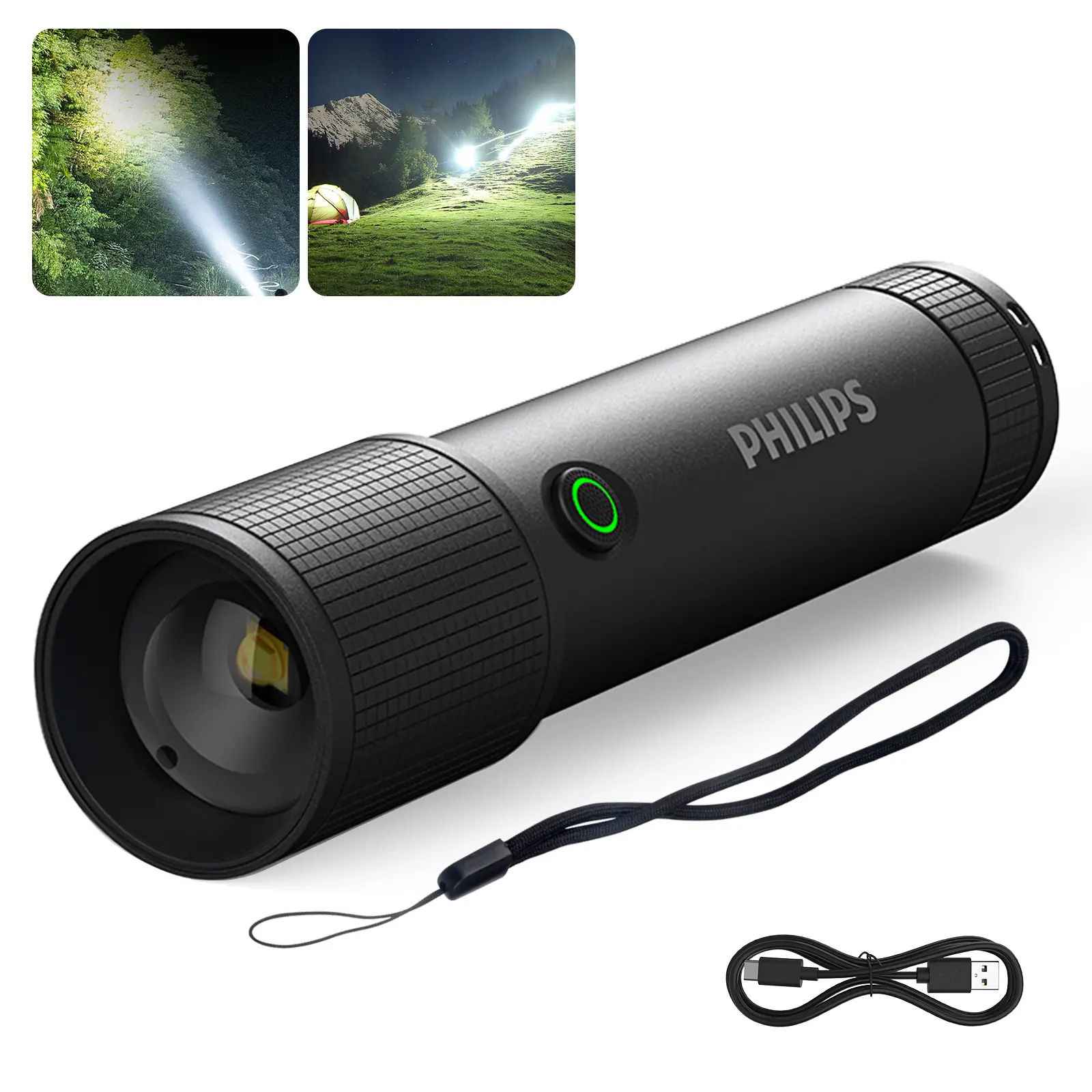 PHILIPS LED Pocket Flashlight - 10W Power, Type-C Rechargeable, Telescopic Zoom, Stepless Dimming, Portable EDC Light for Camping, Emergencies