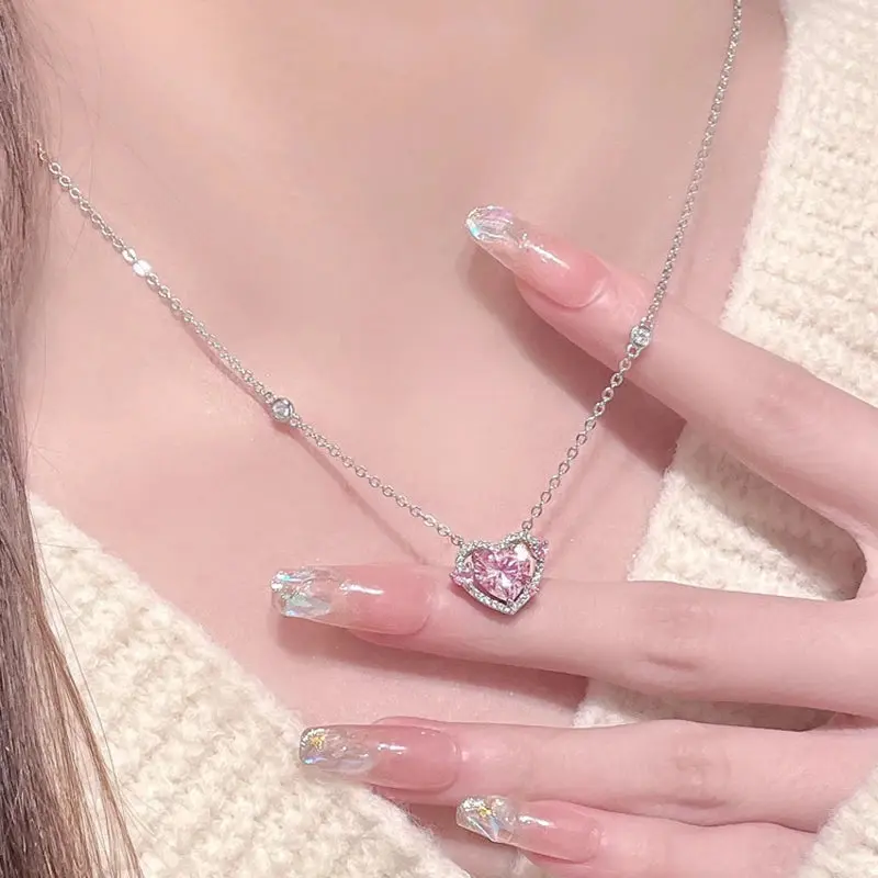 Pink Heart Halo Necklace – Sparkly Crystal Pendant, Dainty Aesthetic Jewelry Gift