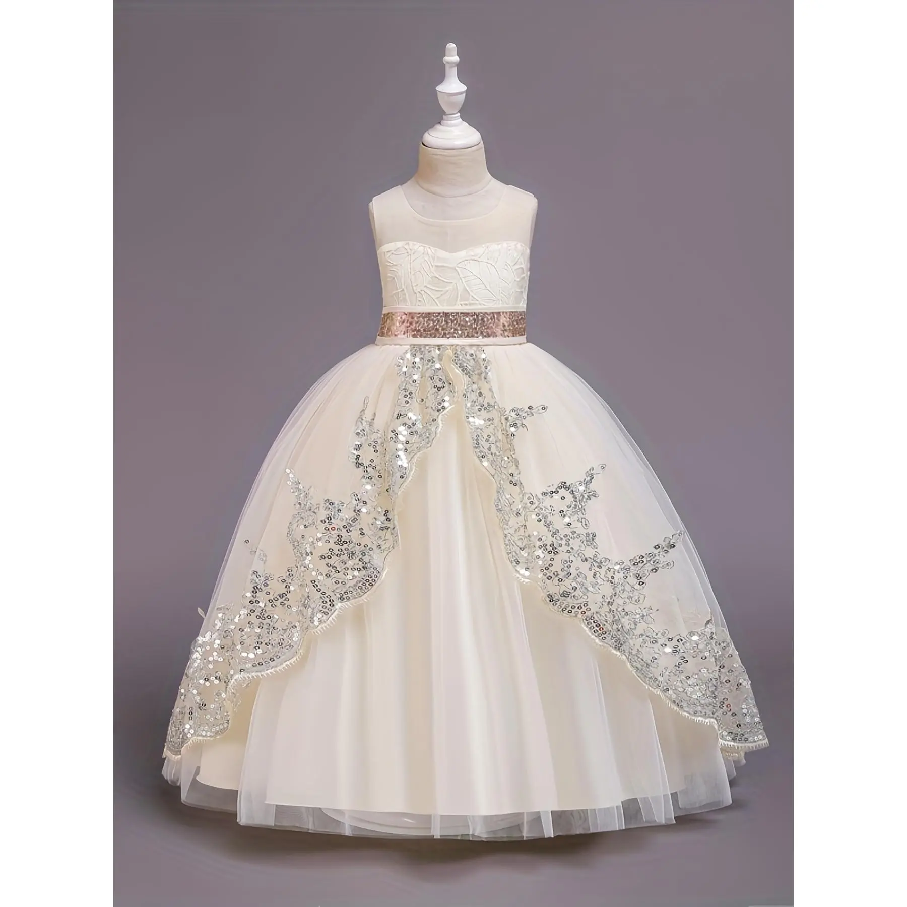 (New) Girls' Princess Aesthetic Child Fit Formal Long Gown Dress - Sleeveless, Sequined Fabric, Colorful, Tulle Puffy Skirt for 7-8y,9-10y,11-12y,13-14y,15-16y Party & Performance, Tulle Skirts