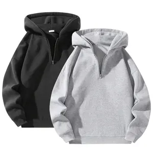 Autumn Trendy Men's Loose Hooded Sweatshirt Casual Versatile Solid Color Top Half Zipper Couple Jacket