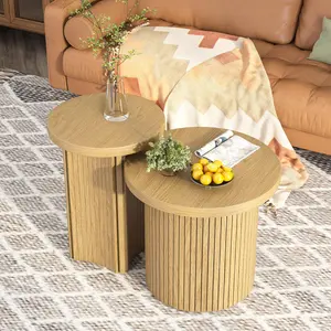 Nesting Coffee Table Set of 2, Modern Round Coffee Table, Circle Side Table, living room furniture,Round Wooden Coffee Table (Small 2-piece set) Interior Foot Pad Design Footpad Securely Fastened