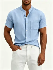 Men's Stand Collar Linen Short Sleeve Plain Shirt, Breathable Wrinkle-Resistant Casual Business Blouse, Multi-Color Options, Summer Open Front Top, Menswear