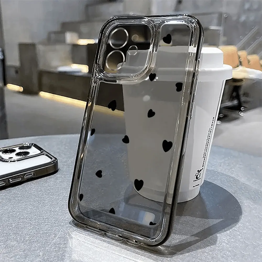 Heart Pattern Multi-Model Protective Phone Case - Trendy Black Small Heart Transparent Plastic Cover with Carbon Fibre & Metal Accents for iPhone 17 Pro Max,16,15,14,13,12,11 Pro Max,12-13 Mini,X,XR,XS,7-8 Plus,SE 2022 (No Extra Accessories Included)