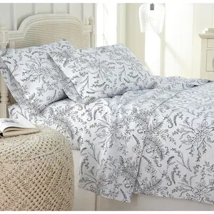 Winter Brush, 4-Queen Microfiber Sheet, 14" Deep Pocket, and Flat Sheet, Floral Pillow Cases, Queen White with Black Flowers