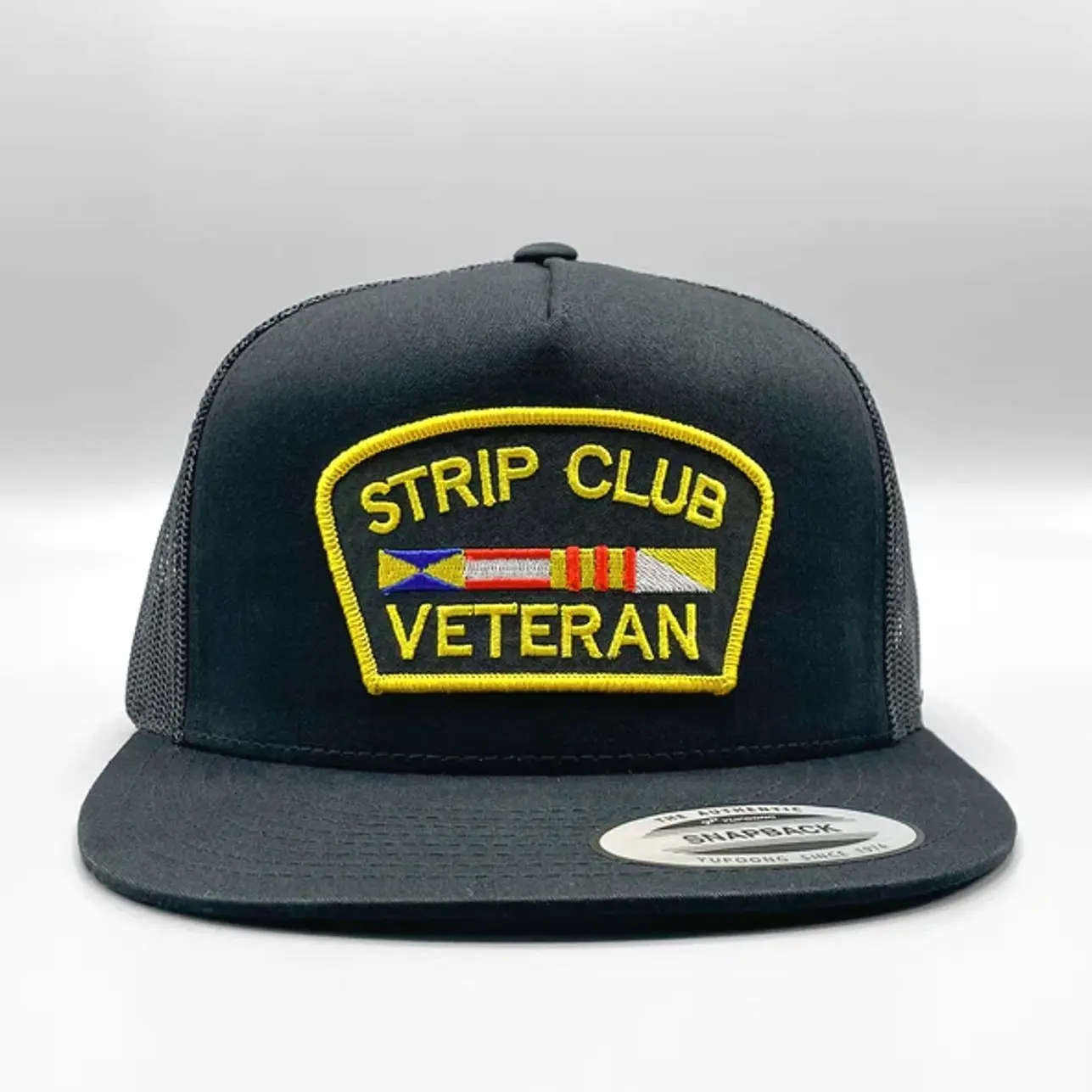 Strip Club Veteran Funny Trucker Hat, Embroidered Military Humor Patch Hat, Veteran Snapback Cap, Flat Brim Mesh Trucker Hat, Richardson 112 Style Hat, Army Veteran Gift, Tactical Outdoor Cap