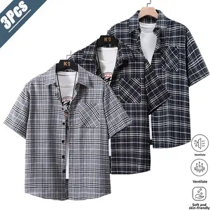 Men’s classic plaid short-sleeve shirt multipack, Japanese casual street style, breathable ice-feel fabric that stays cool and doesn’t feel stuffy when you sweat, featuring a classic notched lapel and single-breasted front design—simple yet elegant. Chest