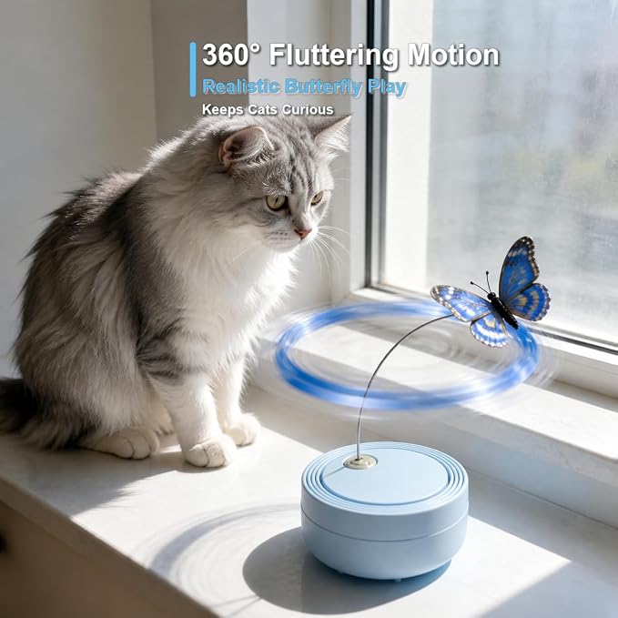 Flutter Butterfly Kitten Enrichment Toy, Interactive Spinning Cat Toy with Touch Sensor, 360° Rotating Butterfly, Indoor Boredom Relief Play Toy for Small Medium Large Cats, Blue