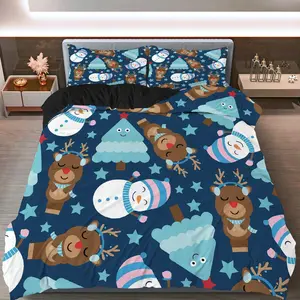 3PCS Duvet Cover Set, 1 Duvet+2 Pillowcases(Without filler), Reindeer Snowman Christmas Tree Blue theme, Christmas bedding set, Festive Winter Cozy Home Decor Suitable for decoration bedroom living room guest room dormitory.