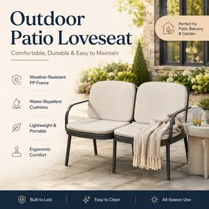 Super Outdoor Patio Loveseat PP Sofa Black Frame Beige Cushion 2 Seat Outdoor Couch Modern Patio Furniture for Balcony Porch Garden Backyard Poolside Small Space Conversation Seating Weather Resistant Lounge Chair