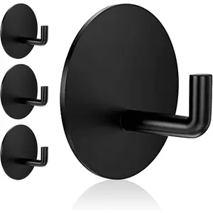 Heavy Duty Waterproof Adhesive Hooks, 4 Pcs Black Stainless Steel Removable Stick on Wall Hooks for Shower Bathroom Door, Ideal for Hanging Loofah, Towels, Clothes, Robes