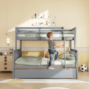 Twin Over Full Bunk Bed with Trundle, Solid Wood Bunk Bed with Ladder and Guardrails, Convertible to 2 Beds, Triple Bunk Beds for Kids Teens Adults, No Box Spring Needed