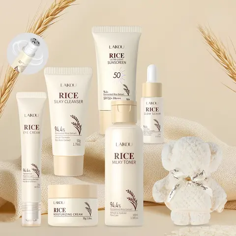 Laikou Rice Skin Care Routine Set, Including Cleansing, Toner, Eye Cream, Suncreen, Serum,Face Cream, Towel, Hydrate Moisturizing Skin Care Kit for Women, Hydrating Soothing, Moisturizer Set, Best Gift