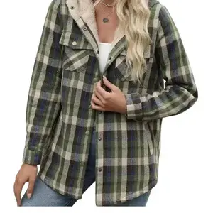 Women's Plaid Shacket Jacket Long Sleeve Button Down Fleece Hooded Coats Warm Outerwear Classic Style & Comfortable Design Chic Elegant Winter Clothes Fitted Black Casual Collared Piece Oversized Half Zip Fleece Pullover Everyday Tops Womenswear
