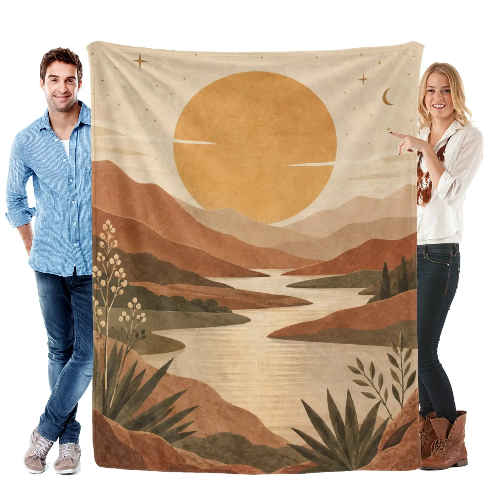 Boho Desert Sunset Throw Blanket, Earth Tone Landscape Flannel Blanket for Couch, Bed and Modern Rustic Home Decor