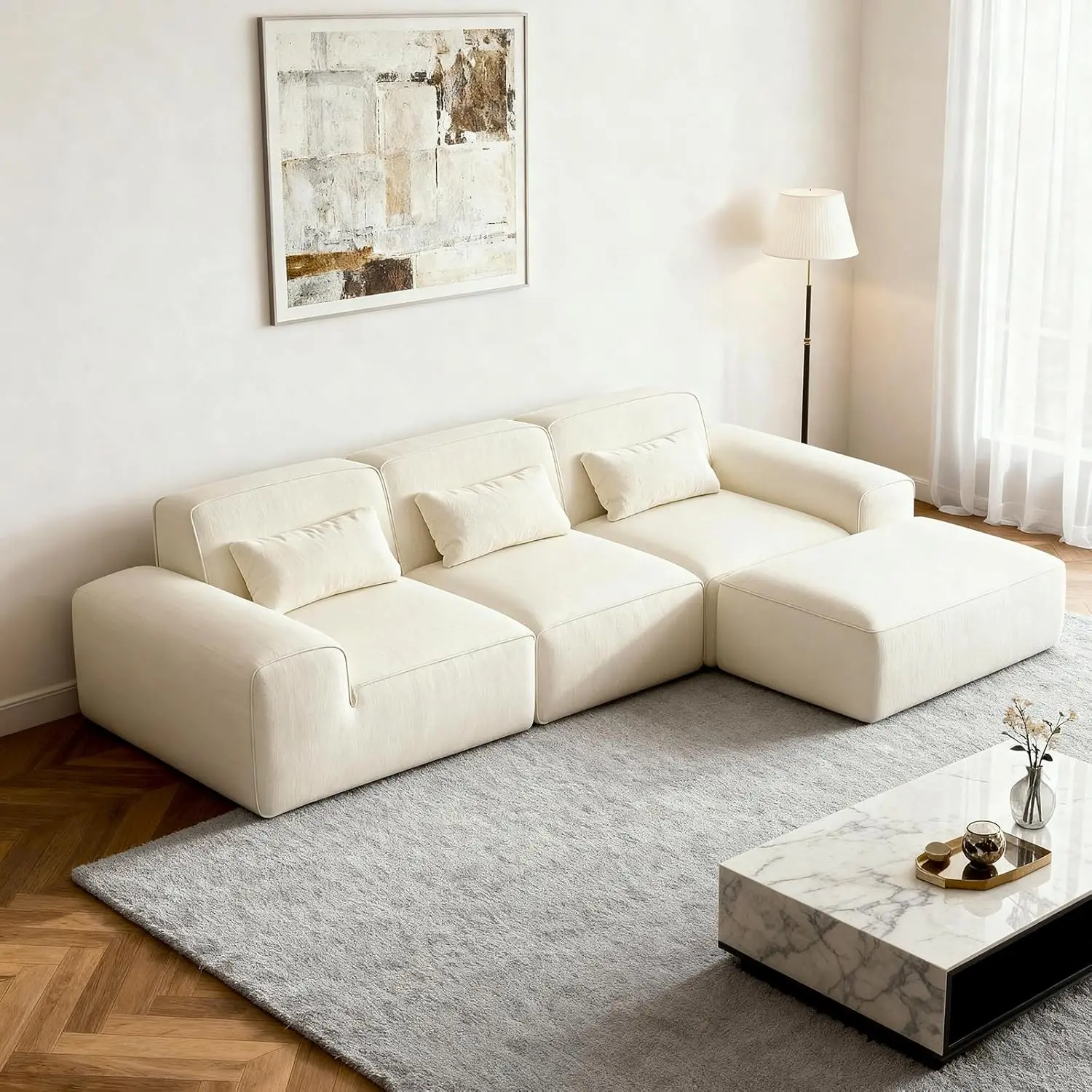 【3 Packages Shipping】HipyMo 120''Chenille Fabric Modular Sectional Boneless Couch with Ottoman and 3 Pillows, Oversized & Soft Couch for Living Room, Deep Seat & Wide Armrests,Plush Chenille Fabric,Beige