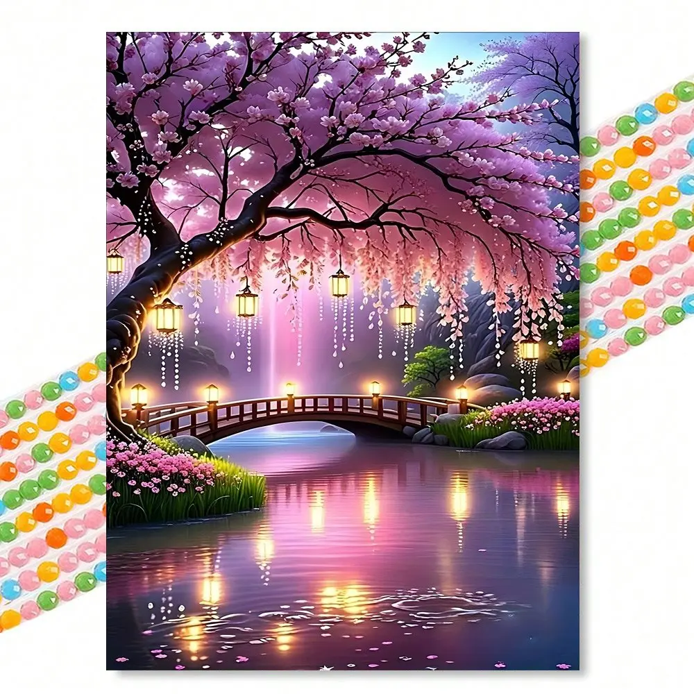 Dreamy Cherry Bridge Night Scene Diamond Painting Kits, Diy Diamond Art, Romantic Healing Style, Round Drill 30x40cm, Living Room Bedroom Decor, DIY Gift