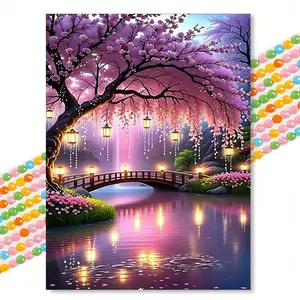 Dreamy Cherry Bridge Night Scene Diamond Painting Kits, Romantic Healing Style, Round Drill 30x40cm, Living Room Bedroom Decor, DIY Gift