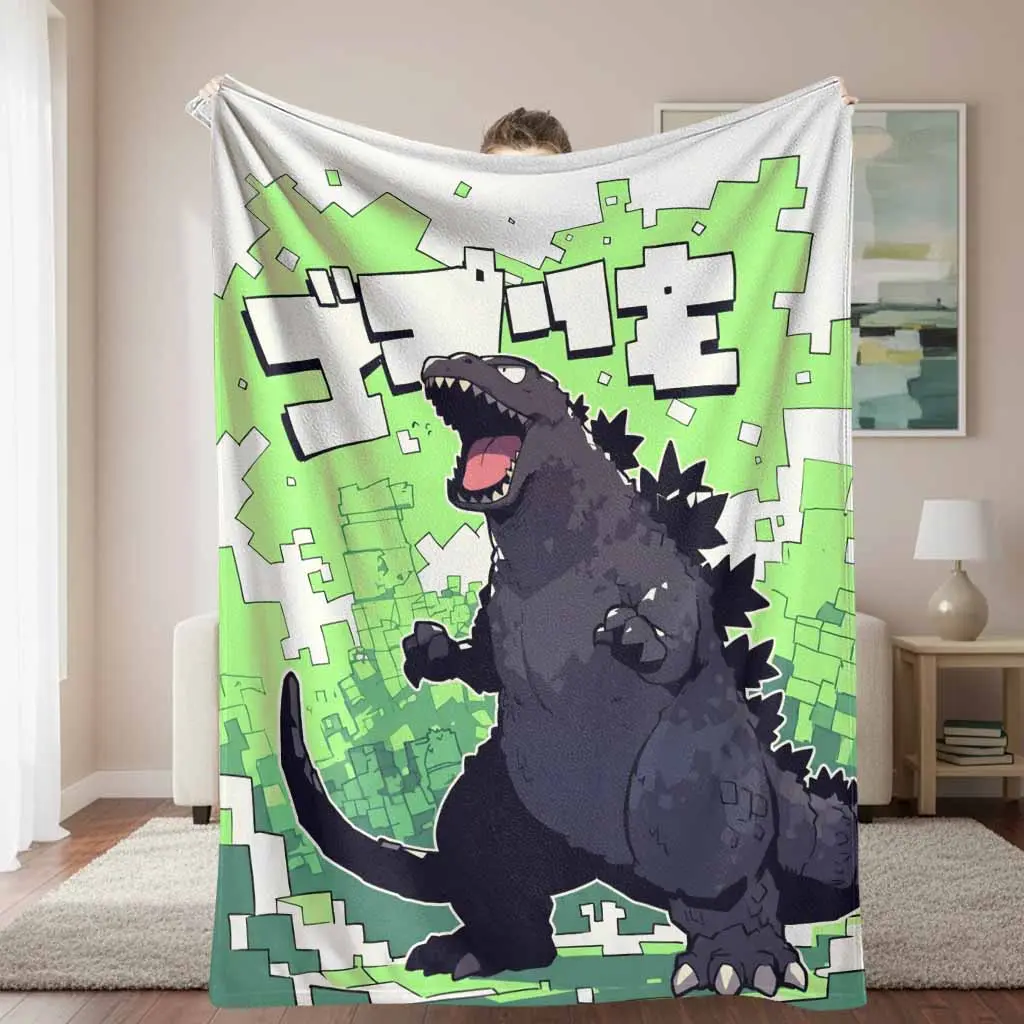 Cartoon Dinosaur Pixelated Kaiju Pattern Flannel Blanket - Unisex, Ultra-Soft, Lightweight, Breathable Plush Throw, Multi-Size, Durable, Machine Washable, Couch to Camping Use, Folds Small for Bag, Ideal for Living Room Enthusiasts