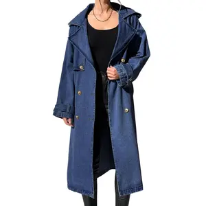 Imily Bela Women's Long Double Breasted Denim Jacket Oversized Button Down Maxi Jean Coat Classic Lapel Outercoat