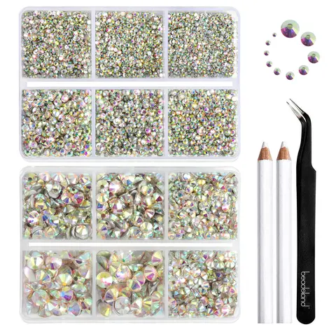 Beadsland Salon Quality Bling Rhinestones - 8300PCS Flatback, 10 Mixed SS3-SS30 Sizes, Fashionable Decorated Manicure Nail Art & Embellished Crafts Supplies, Bling Rhinestone