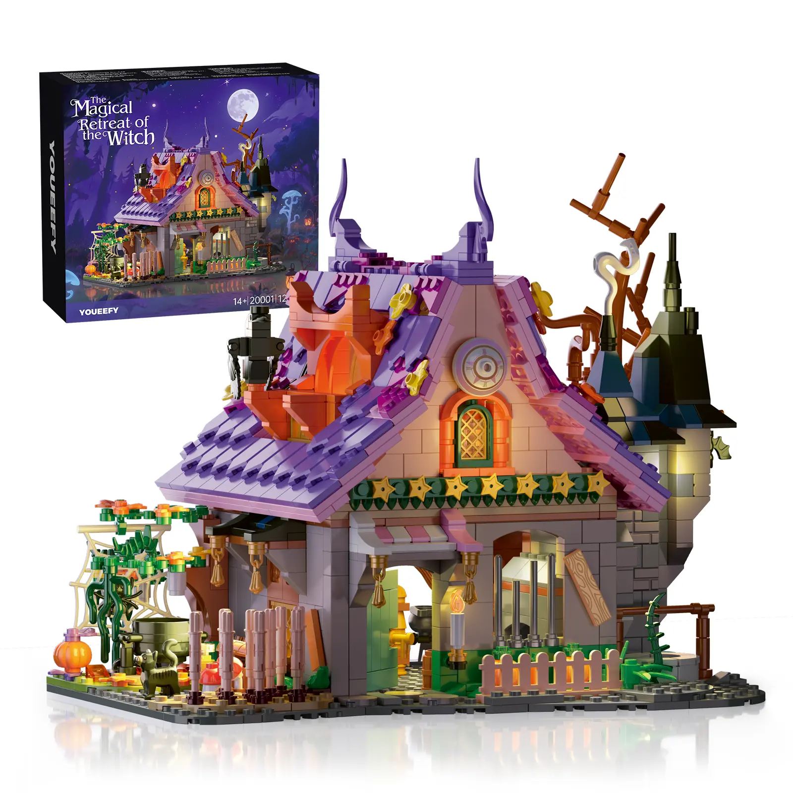 Halloween Theme Magic Witch's Enchanted Cottage Buildable Brick Set (1200+pcs) - Reusable Assembly Blocks, DIY Playset, Building Module, Architecture Toy with Lights, Decorative Puzzle, Ideal Whimsical Gift for Teens, Collectible Home Decor Collectibles,