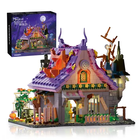 Magic Witch's Enchanted Cottage Building Blocks Set, 1200+ Pcs Halloween Theme with Lights, DIY Collectible Model for Home Décor, Christmas & Halloween Gift
